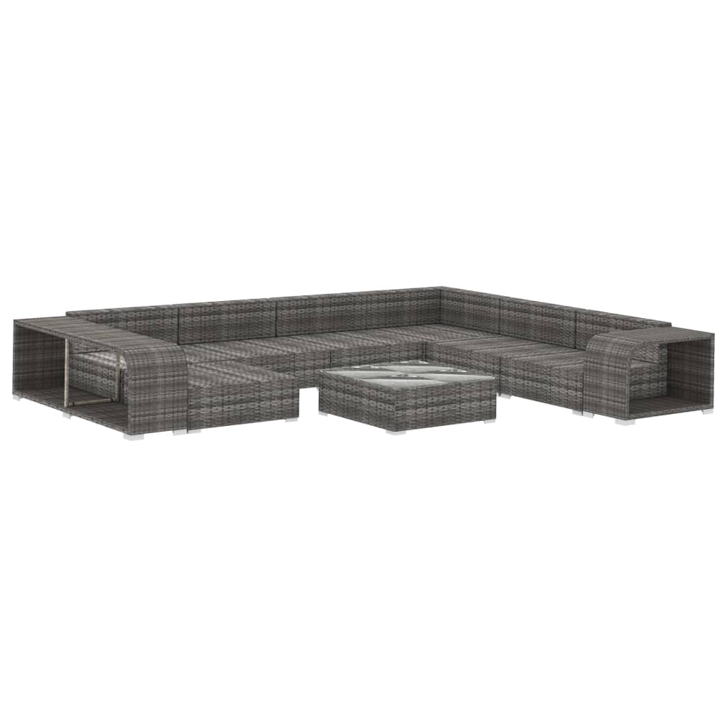 10-részes szürke polyrattan kerti bútorszett párnákkal