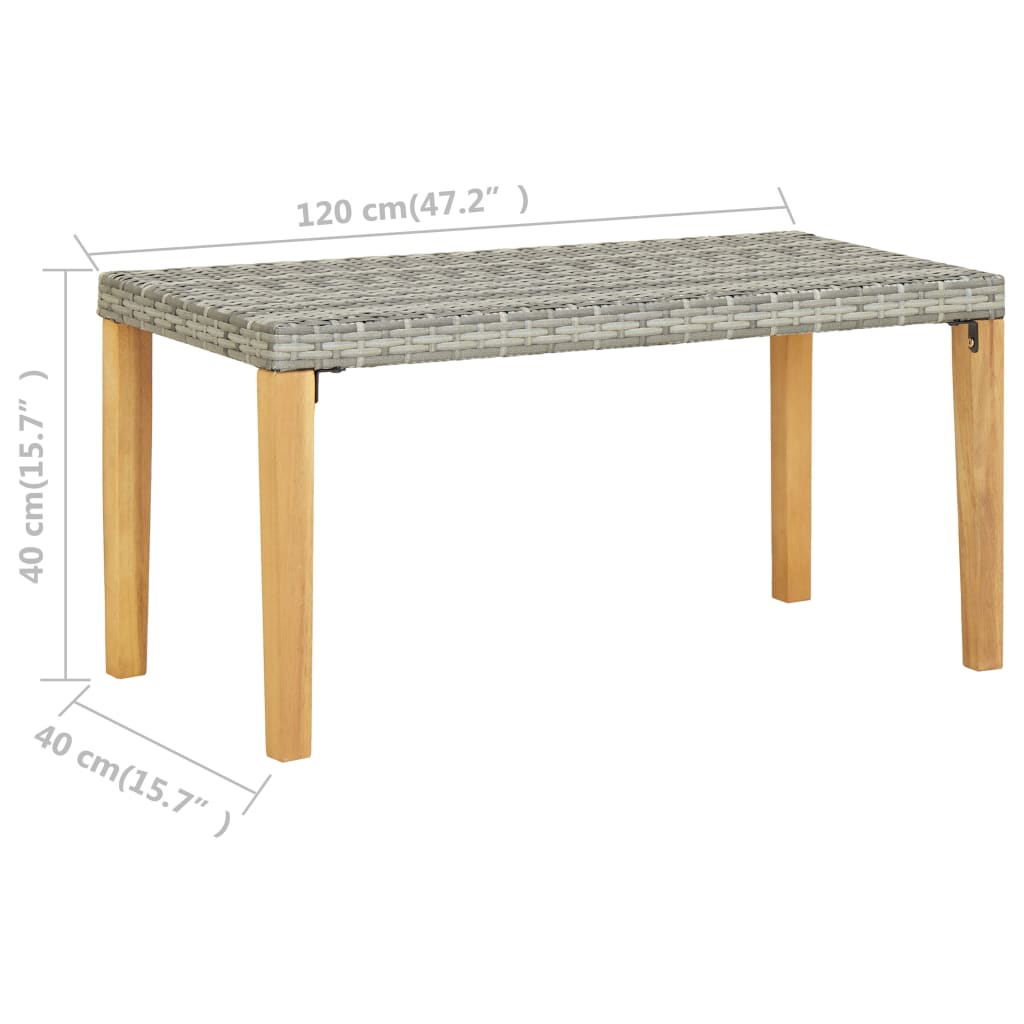 Szürke polyrattan és tömör akácfa kerti pad 120 cm