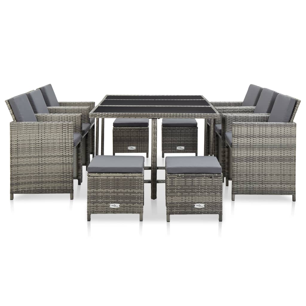 11 részes szürke polyrattan kültéri étkezőszett párnákkal