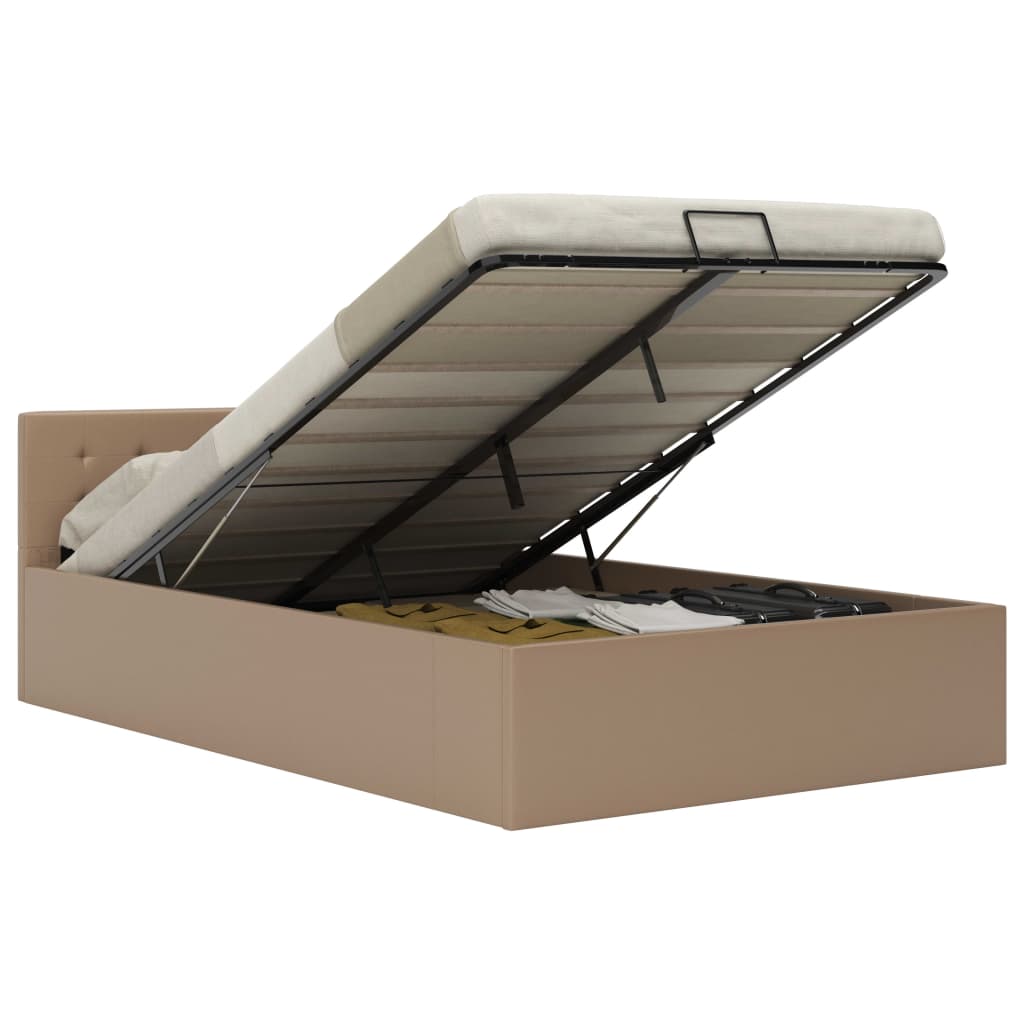 Kávészínű műbőr hidraulikus ágykeret ágyneműtartóval 120x200 cm