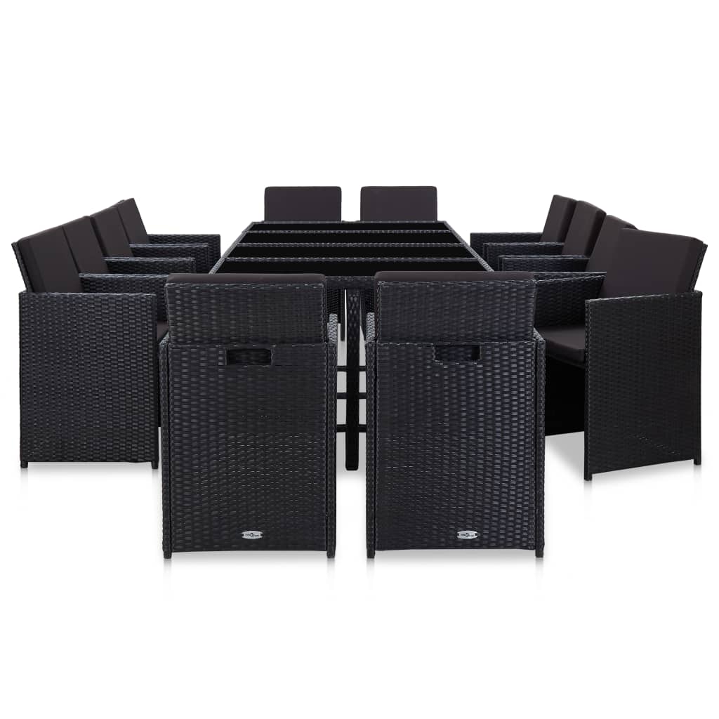 13 részes fekete polyrattan kültéri étkezőszett párnákkal