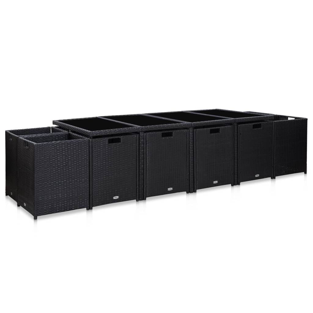 13 részes fekete polyrattan kültéri étkezőszett párnákkal