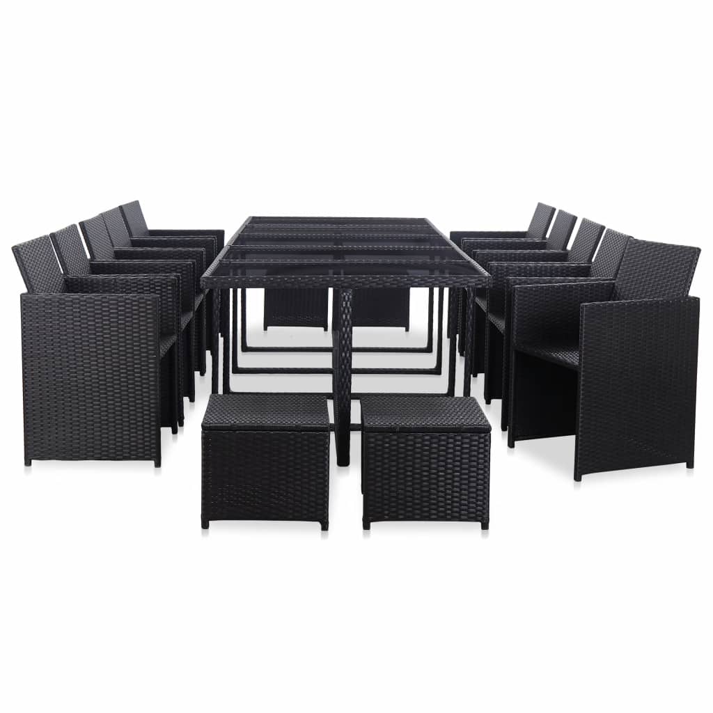 15 részes fekete polyrattan kültéri étkezőszett párnákkal