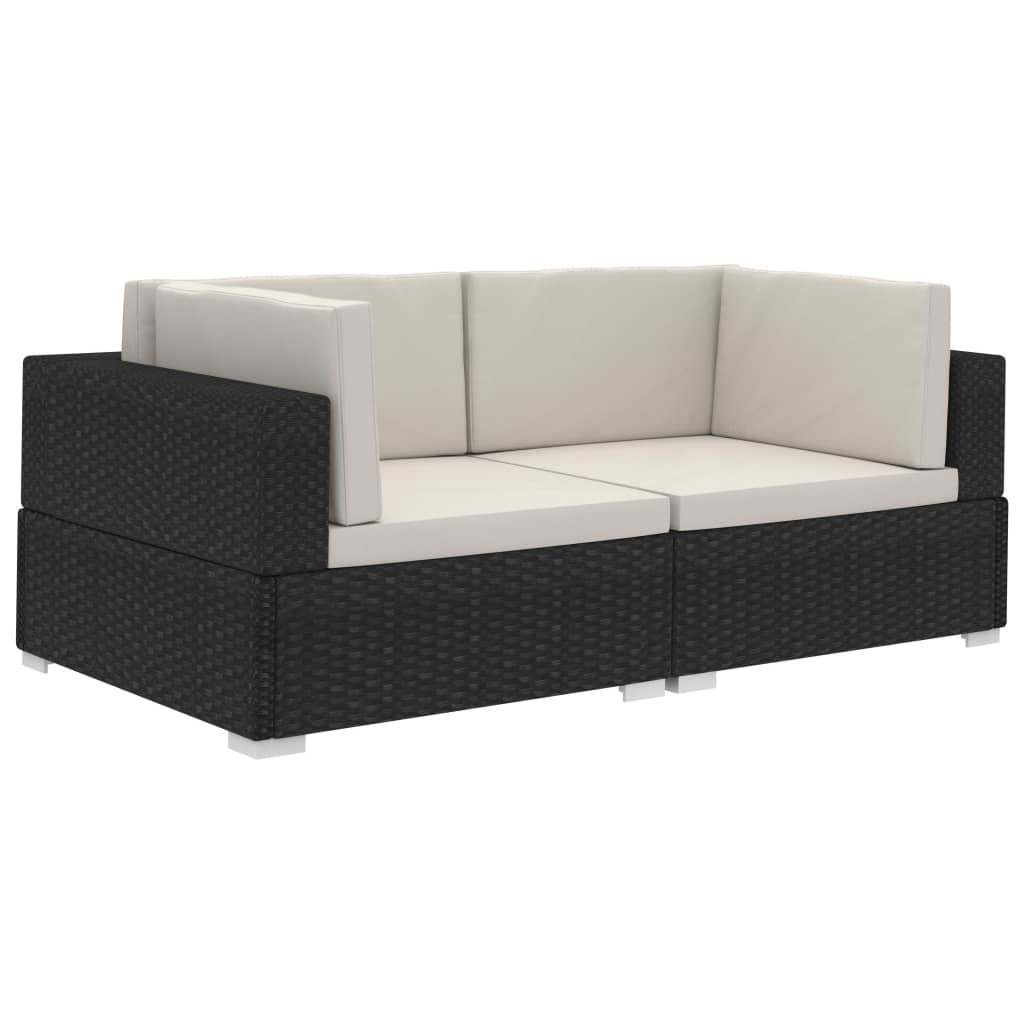 2 db fekete moduláris polyrattan sarokfotel párnákkal