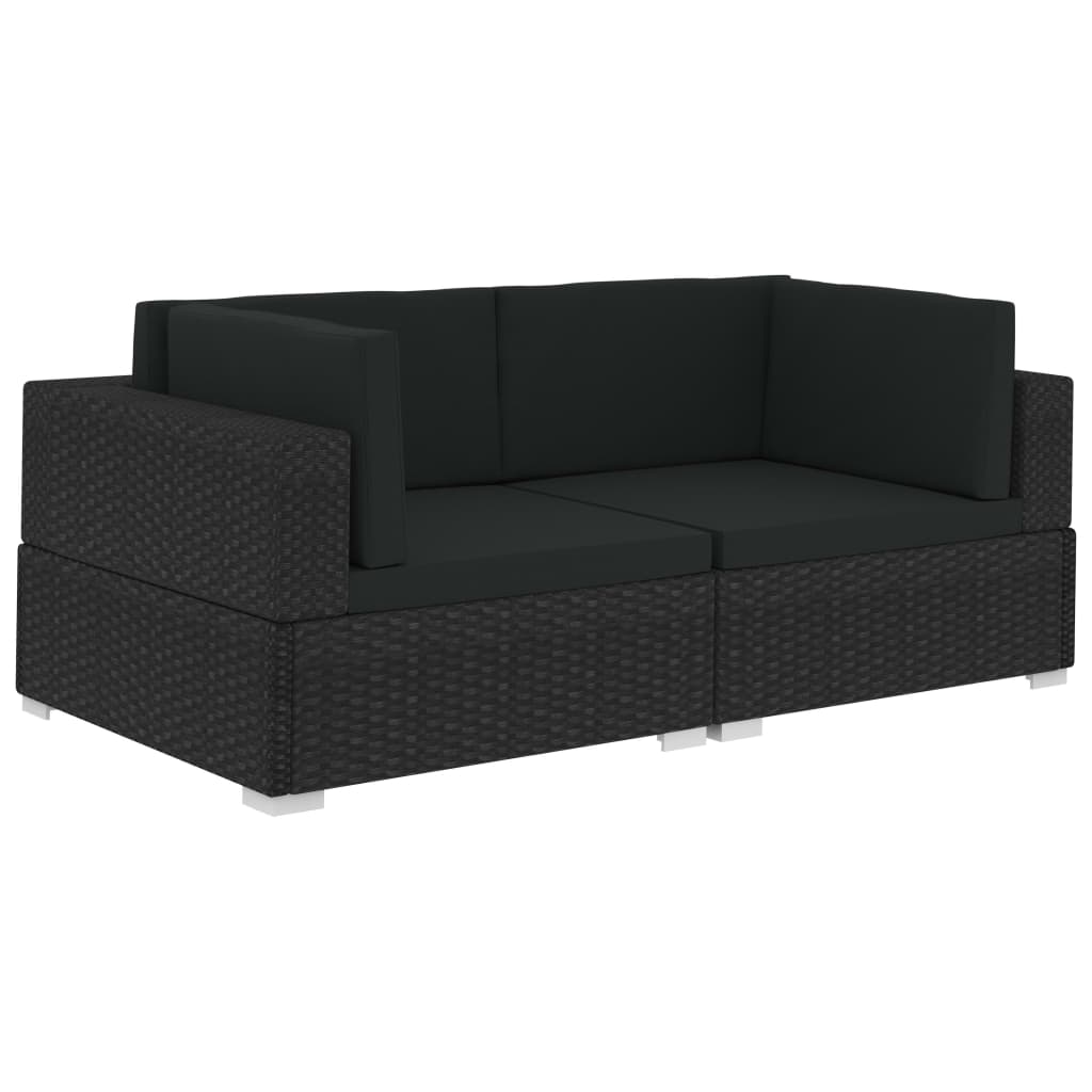 2 db fekete moduláris polyrattan sarokfotel párnákkal