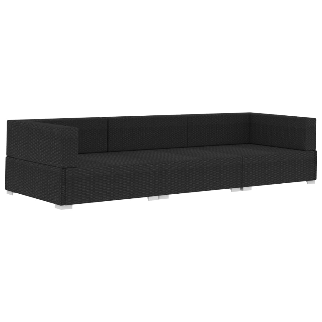 3 darabos fekete polyrattan kerti ülőgarnitúra párnákkal
