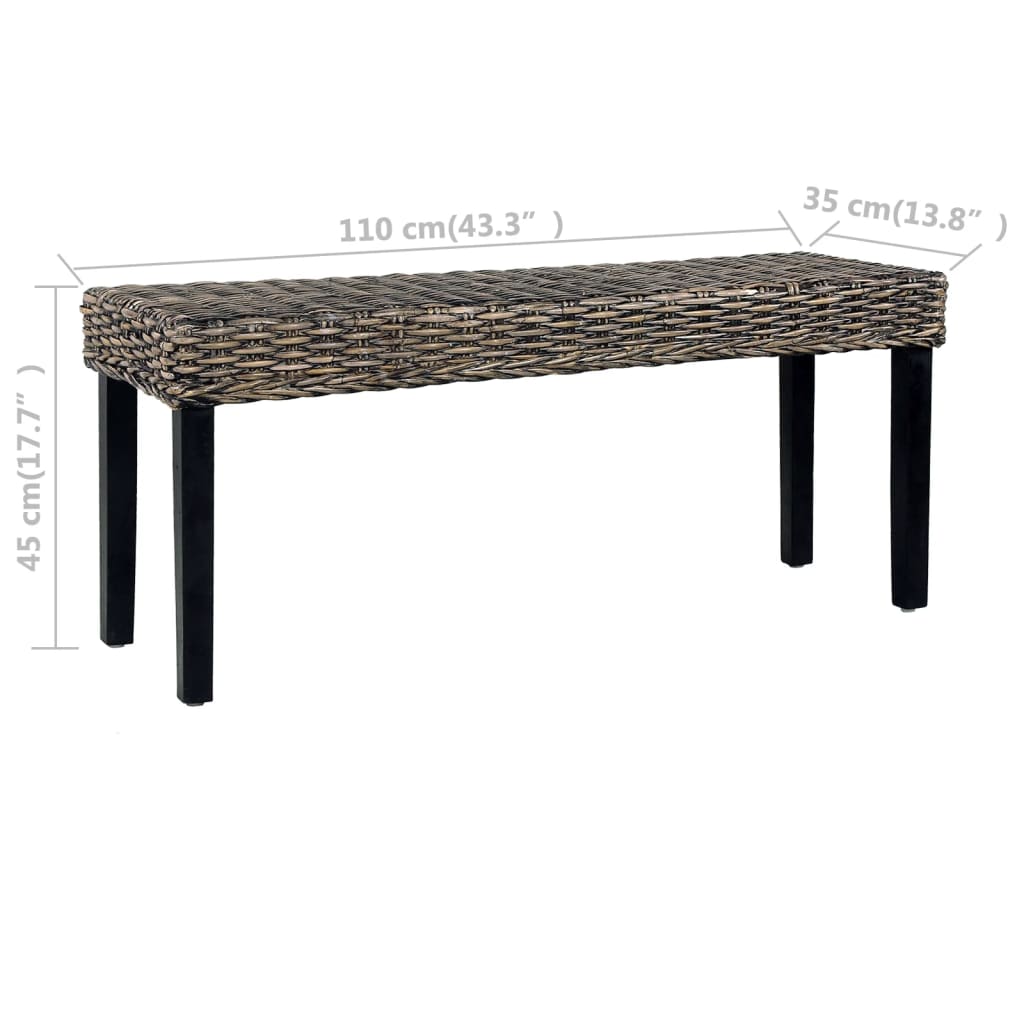 Fekete természetes kubu rattan és tömör mangófa pad 110 cm