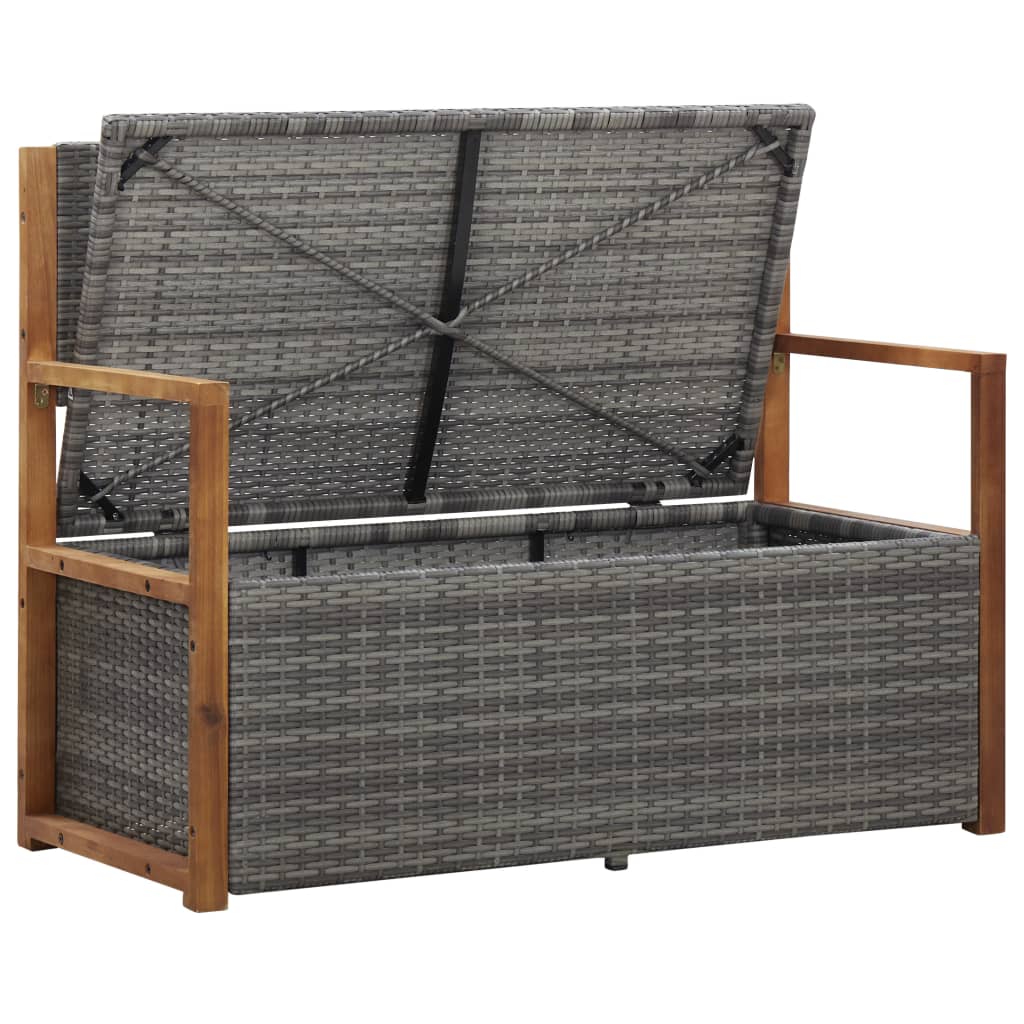 Szürke polyrattan és tömör akácfa tárolópad 115 cm