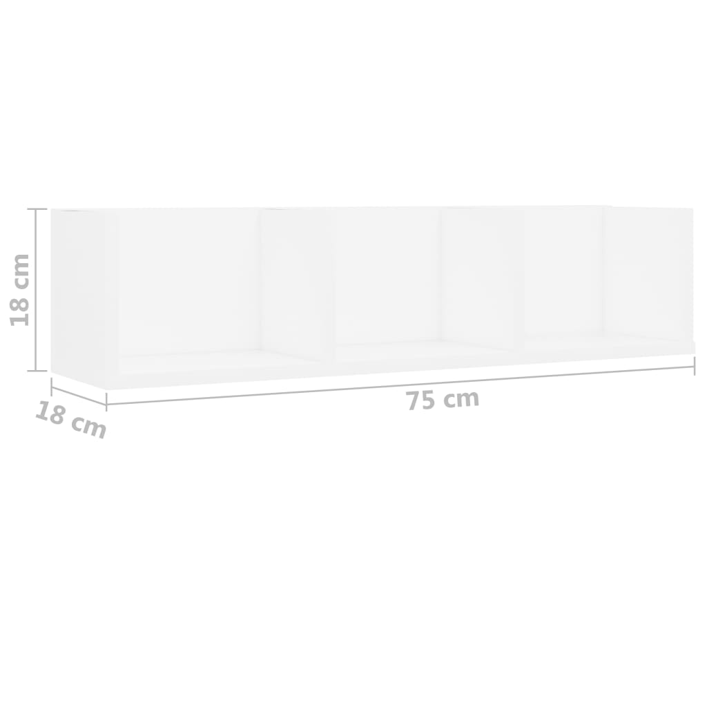 Fehér forgácslap cd-tartó fali polc 75 x 18 x 18 cm