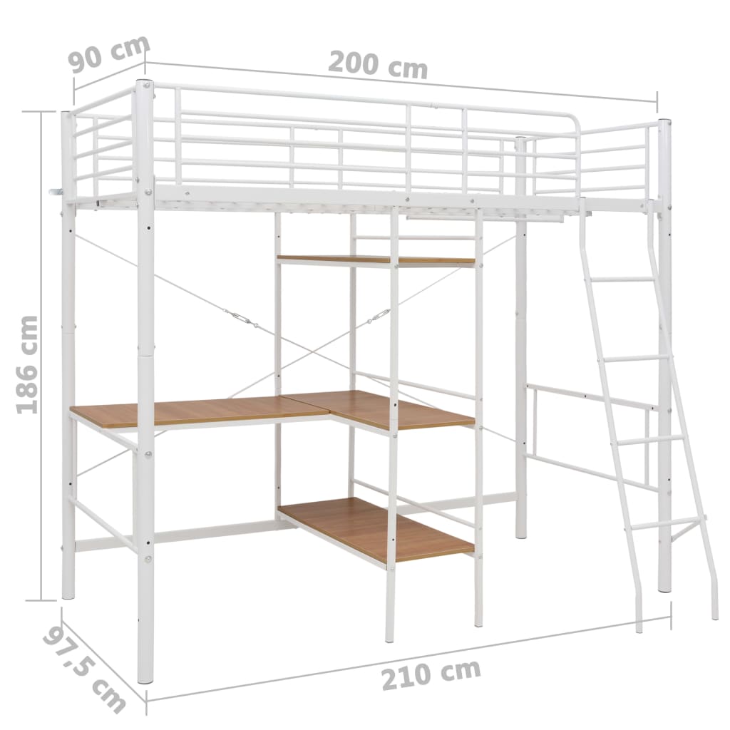 Fehér fém emeletes ágykeret asztallal 90 x 200 cm Fehér fém emeletes ágykeret asztallal 90 x 200 cm