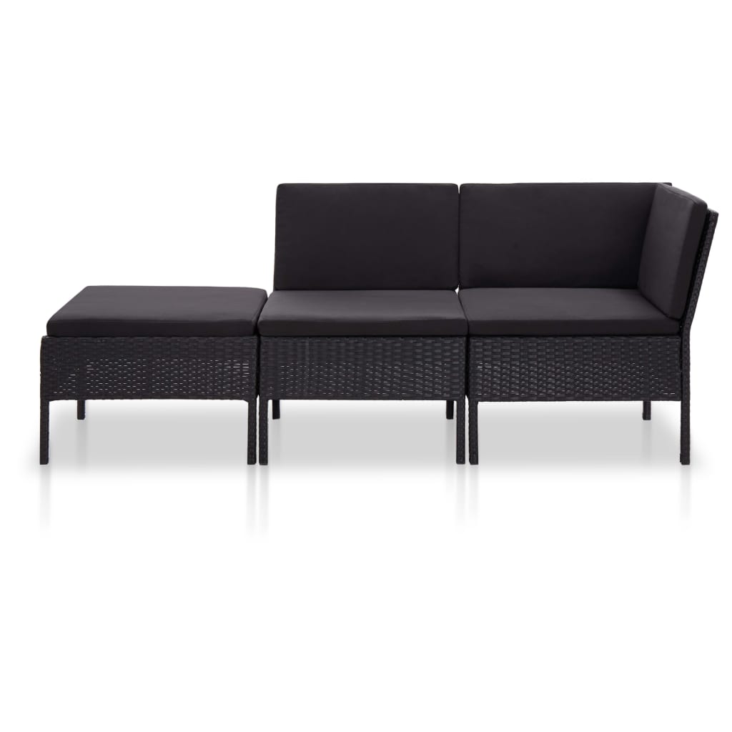 3 részes fekete polyrattan kerti ülőgarnitúra párnákkal