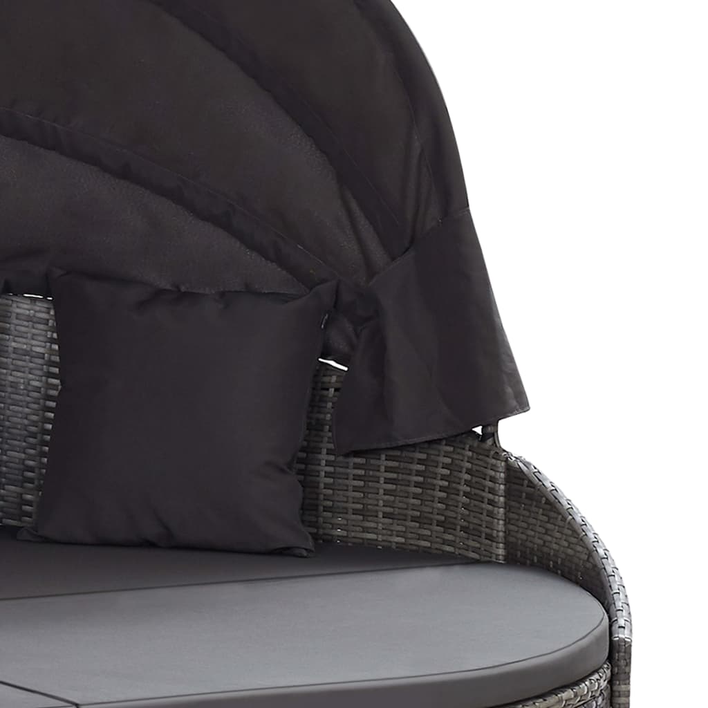 Szürke polyrattan kültéri napozóágy napellenzővel