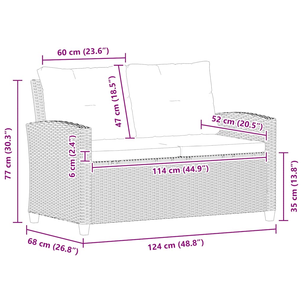 Kétszemélyes szürke polyrattan kerti kanapé párnákkal 124 cm
