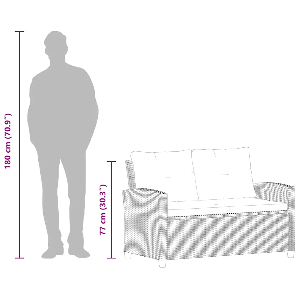 Kétszemélyes szürke polyrattan kerti kanapé párnákkal 124 cm