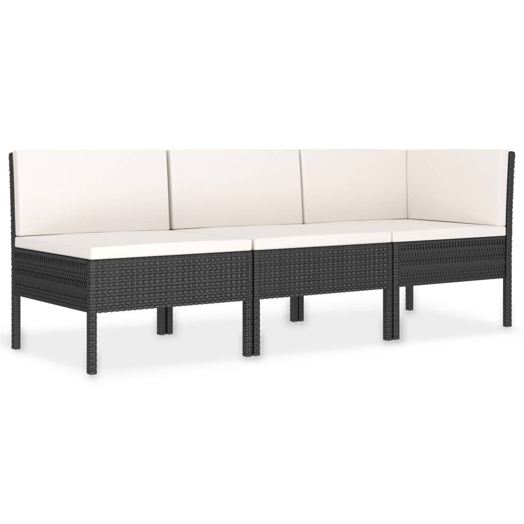3 részes fekete polyrattan kerti bútorszett párnákkal