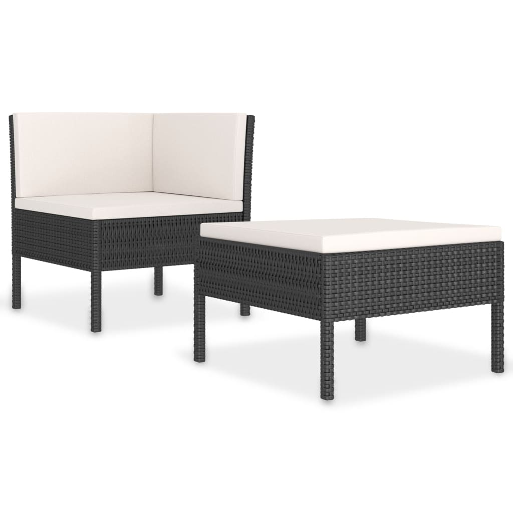 2 részes fekete polyrattan kerti bútorszett párnákkal