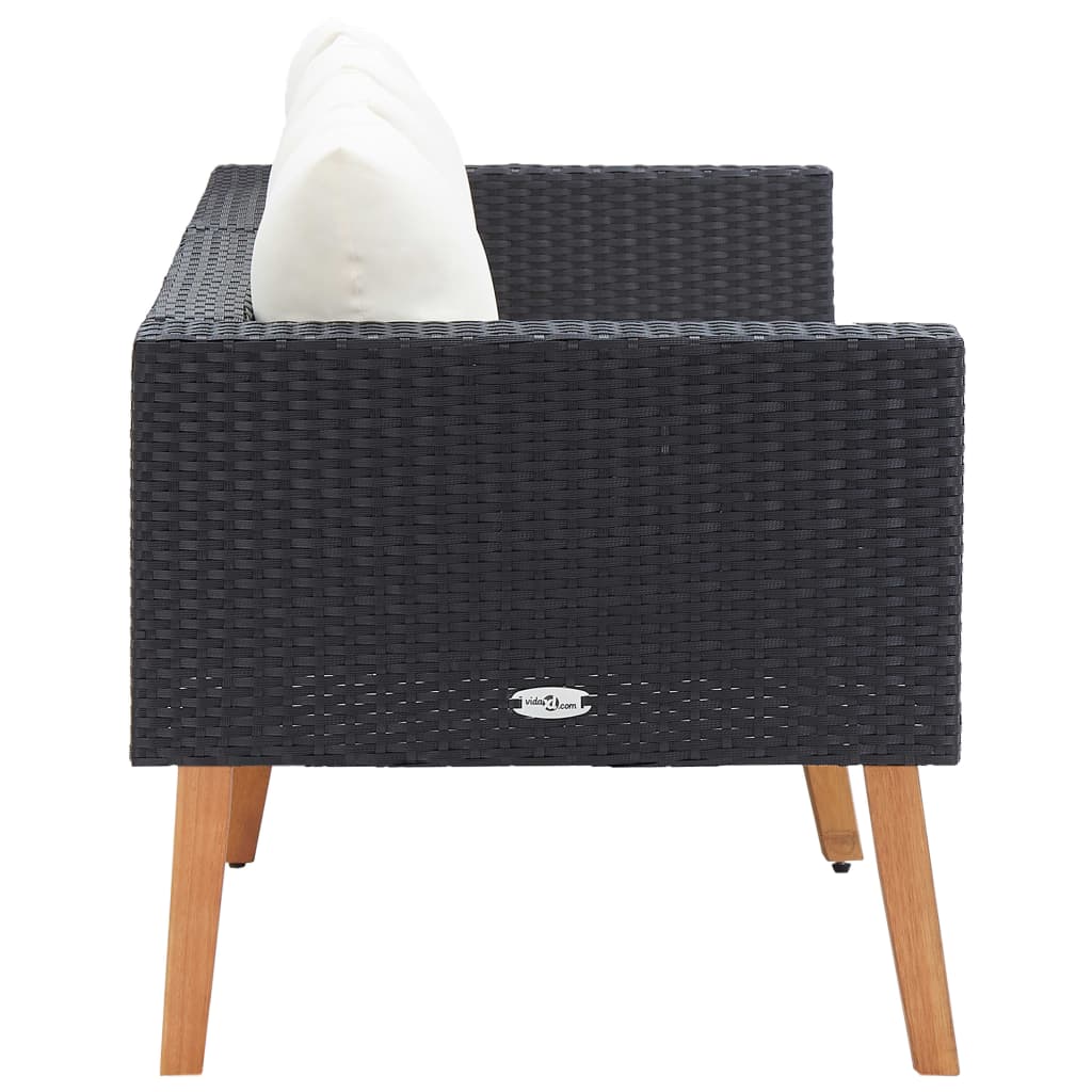 Kétszemélyes fekete polyrattan kerti kanapé párnákkal