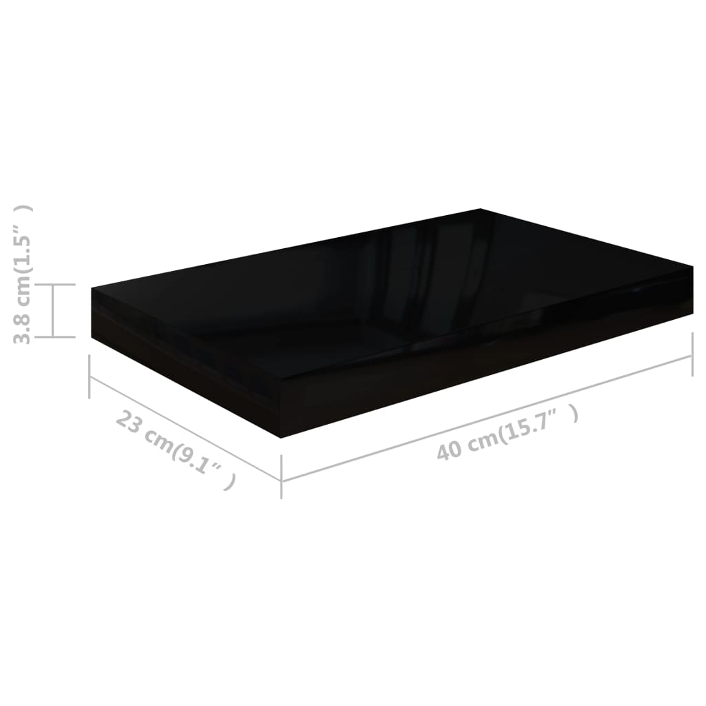 2 db magasfényű fekete mdf lebegő fali polc 40 x 23 x 3,8 cm