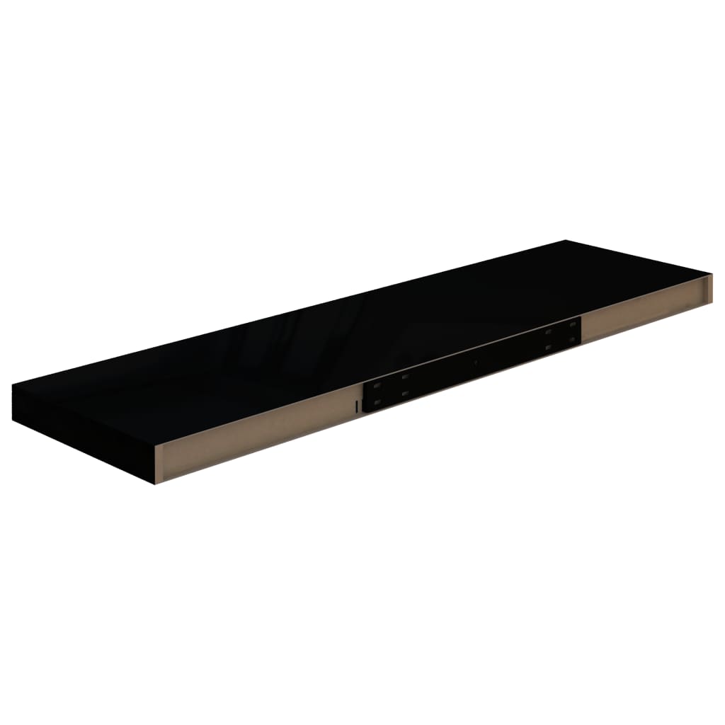 2 db magasfényű fekete mdf fali polc 90 x 23,5 x 3,8 cm