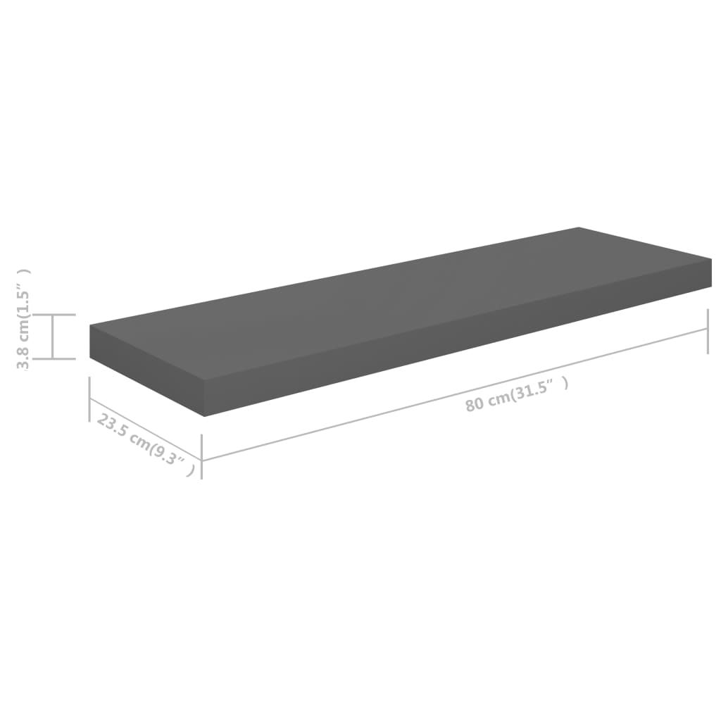 2 db magasfényű szürke mdf fali polc 80 x 23,5 x 3,8 cm