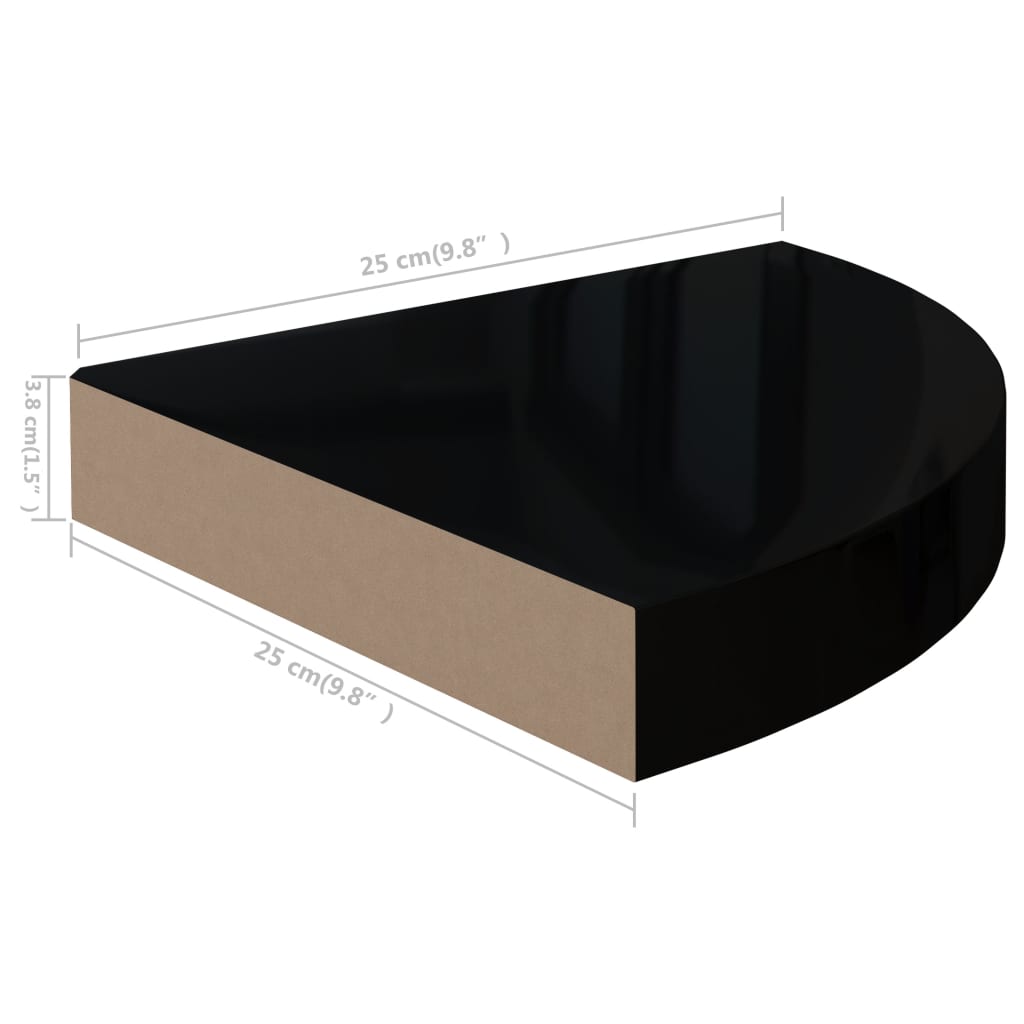 2 db magasfényű fekete mdf lebegő sarokpolc 25 x 25 x 3,8 cm