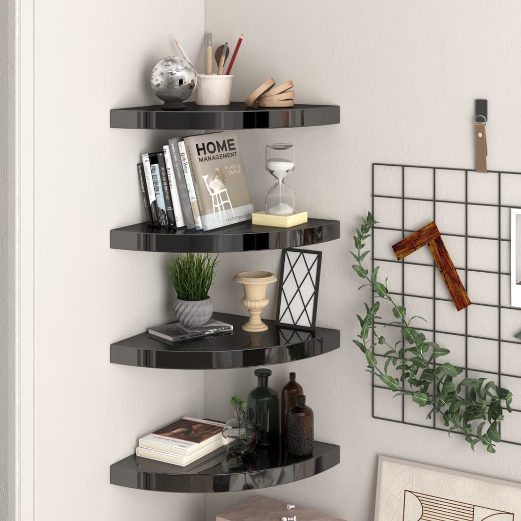4 db magasfényű fekete mdf lebegő sarokpolc 35 x 35 x 3,8 cm