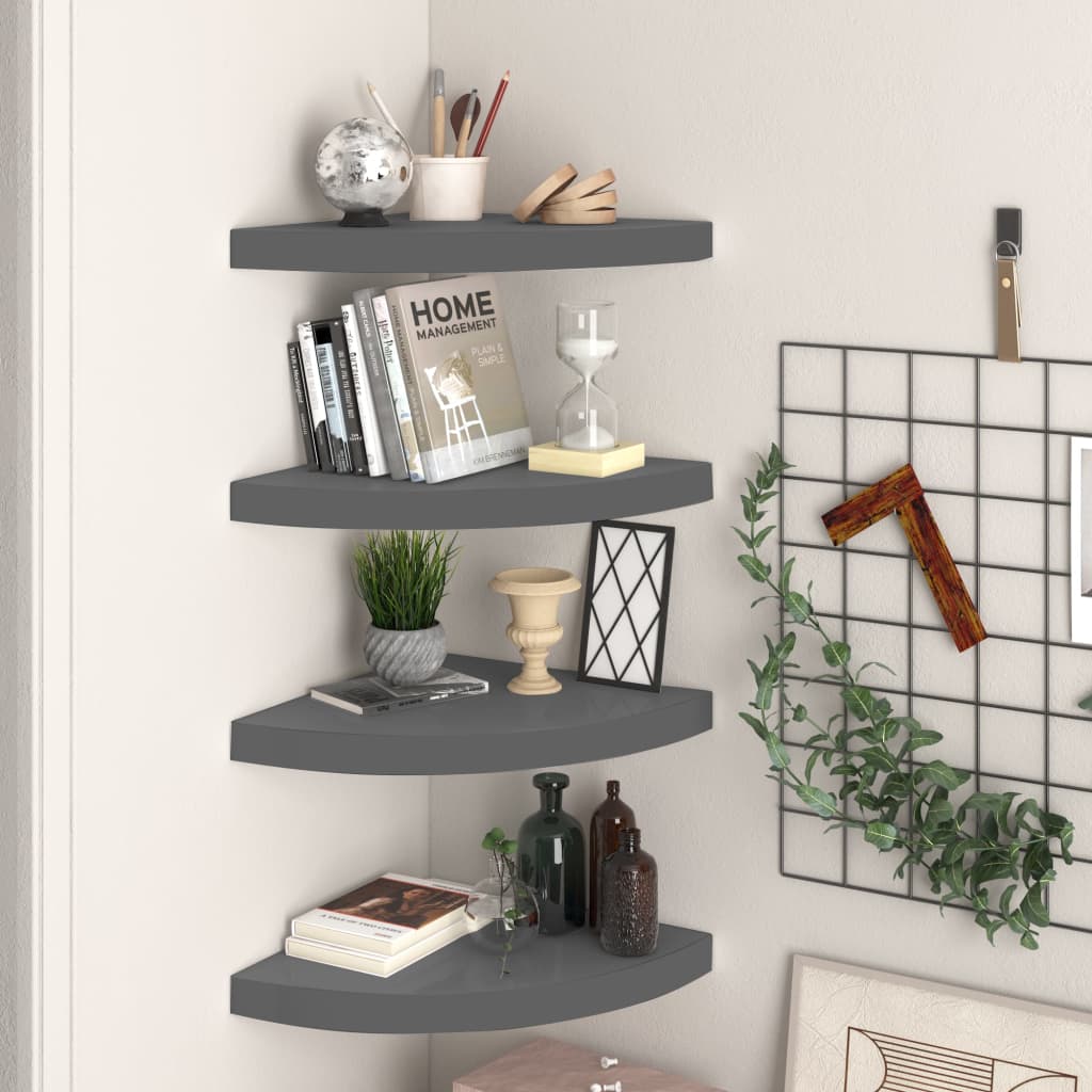 4 db magasfényű szürke mdf lebegő sarokpolc 35 x 35 x 3,8 cm