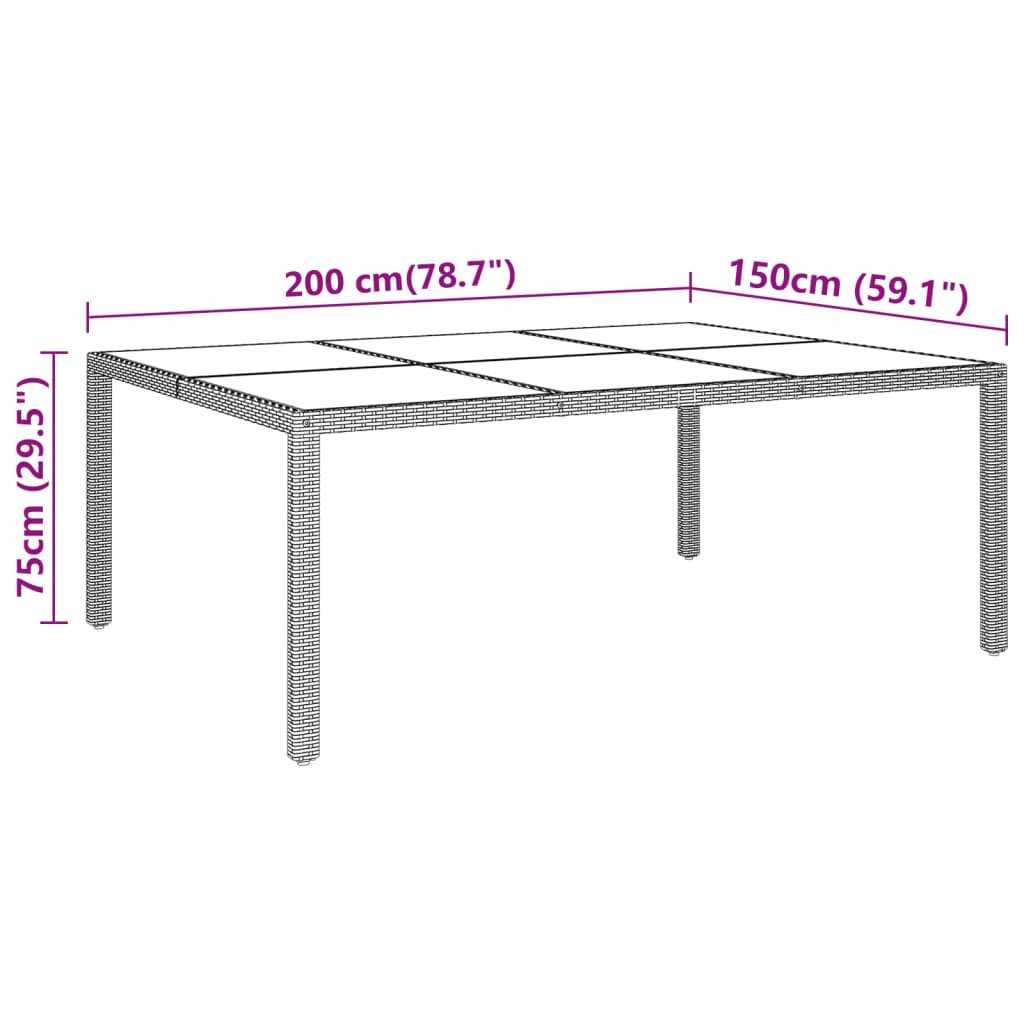 Szürke polyrattan és edzett üveg kerti asztal 200 x 150 x 75 cm