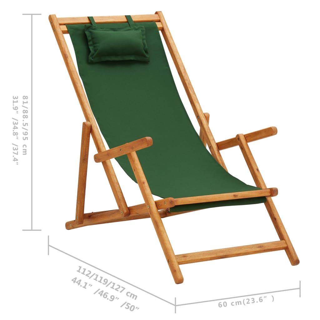Tömör eukaliptuszfa és zöld szövet összecsukható strandszék