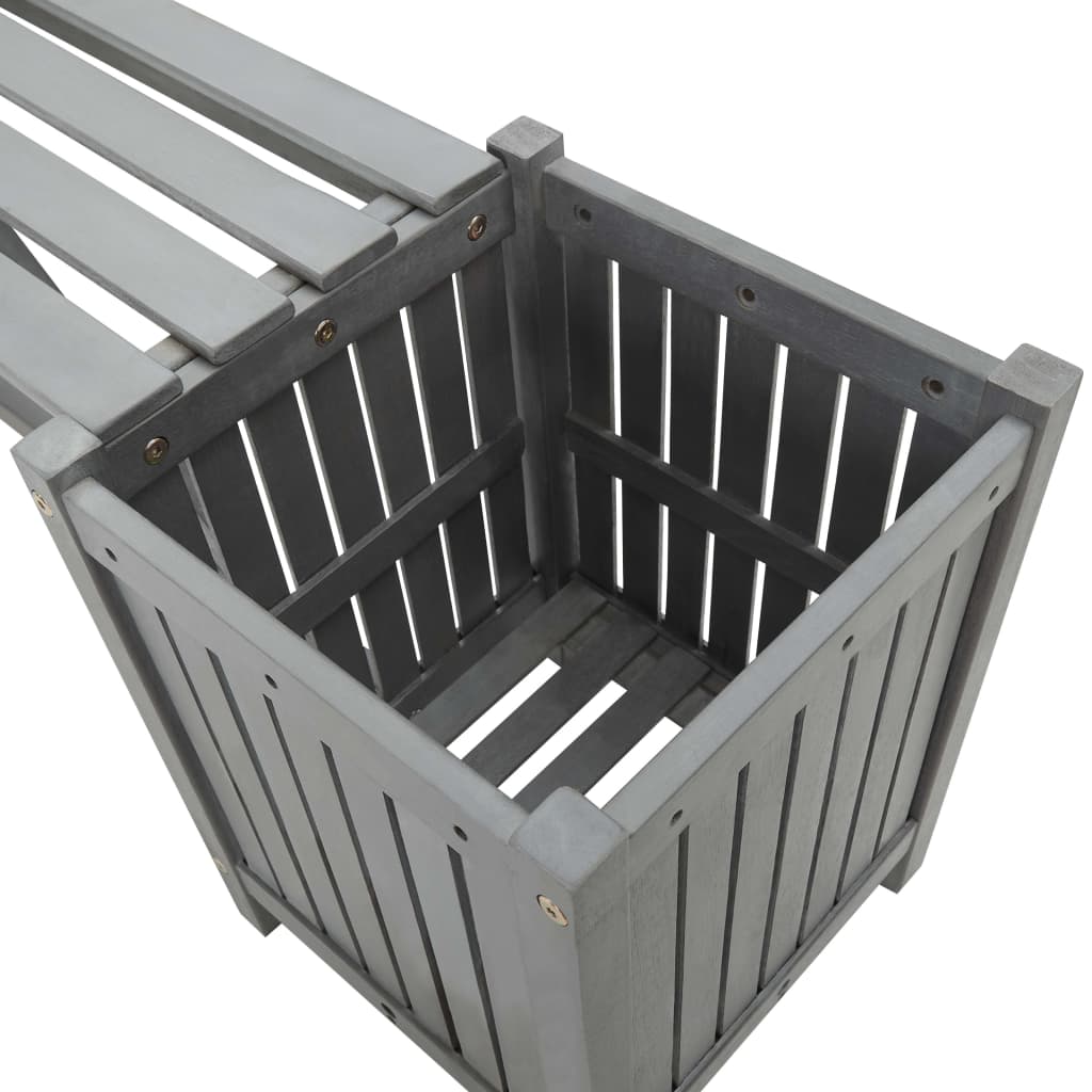 Szürke tömör akácfa kerti pad 2 virágtartóval 150 cm