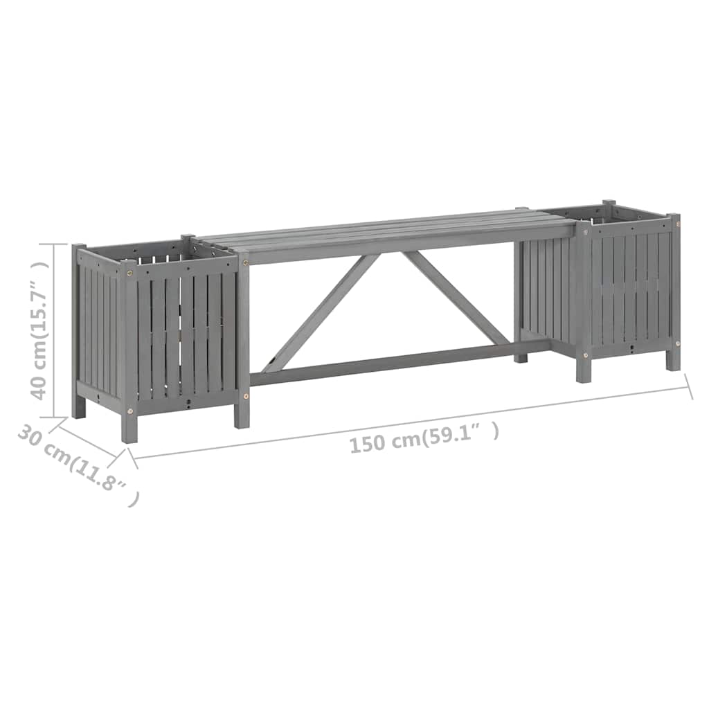 Szürke tömör akácfa kerti pad 2 virágtartóval 150 cm