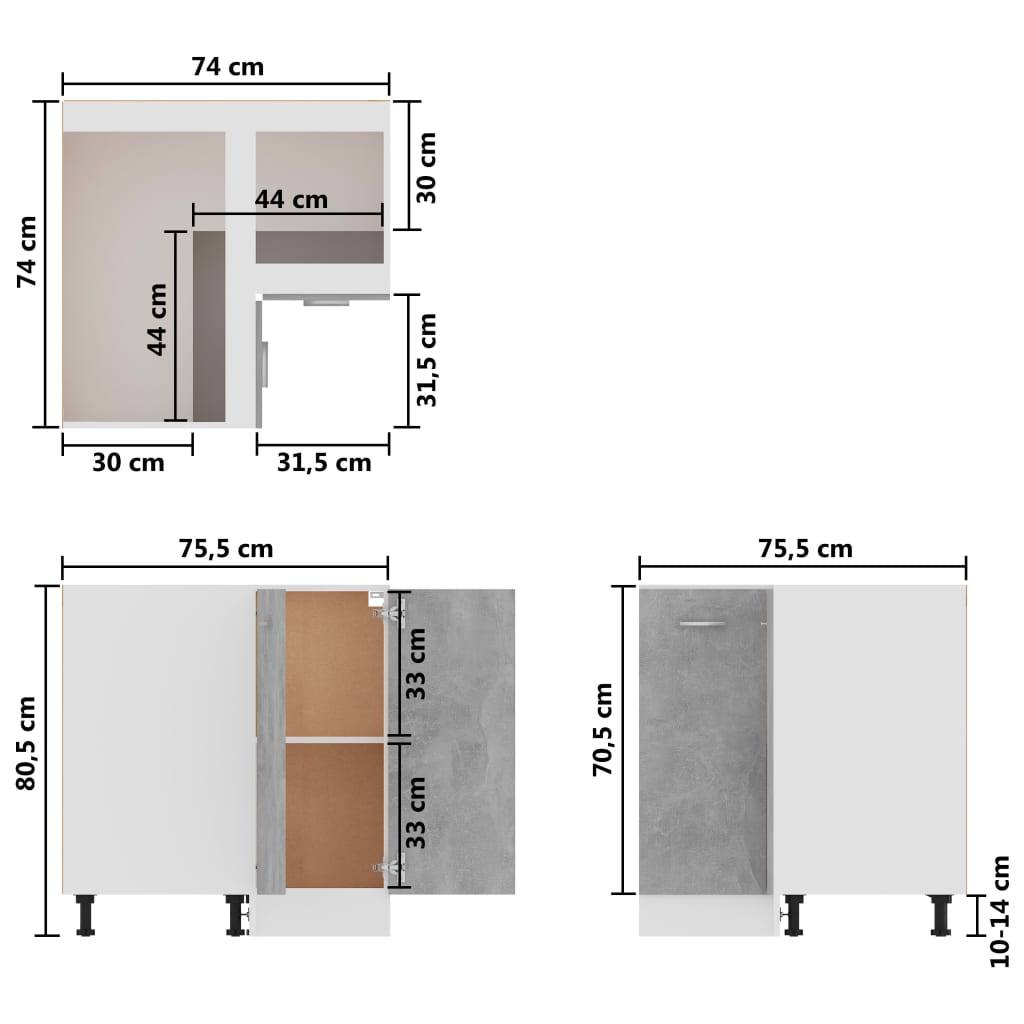 Betonszürke forgácslap alsó sarokszekrény 75,5x75,5x80,5 cm