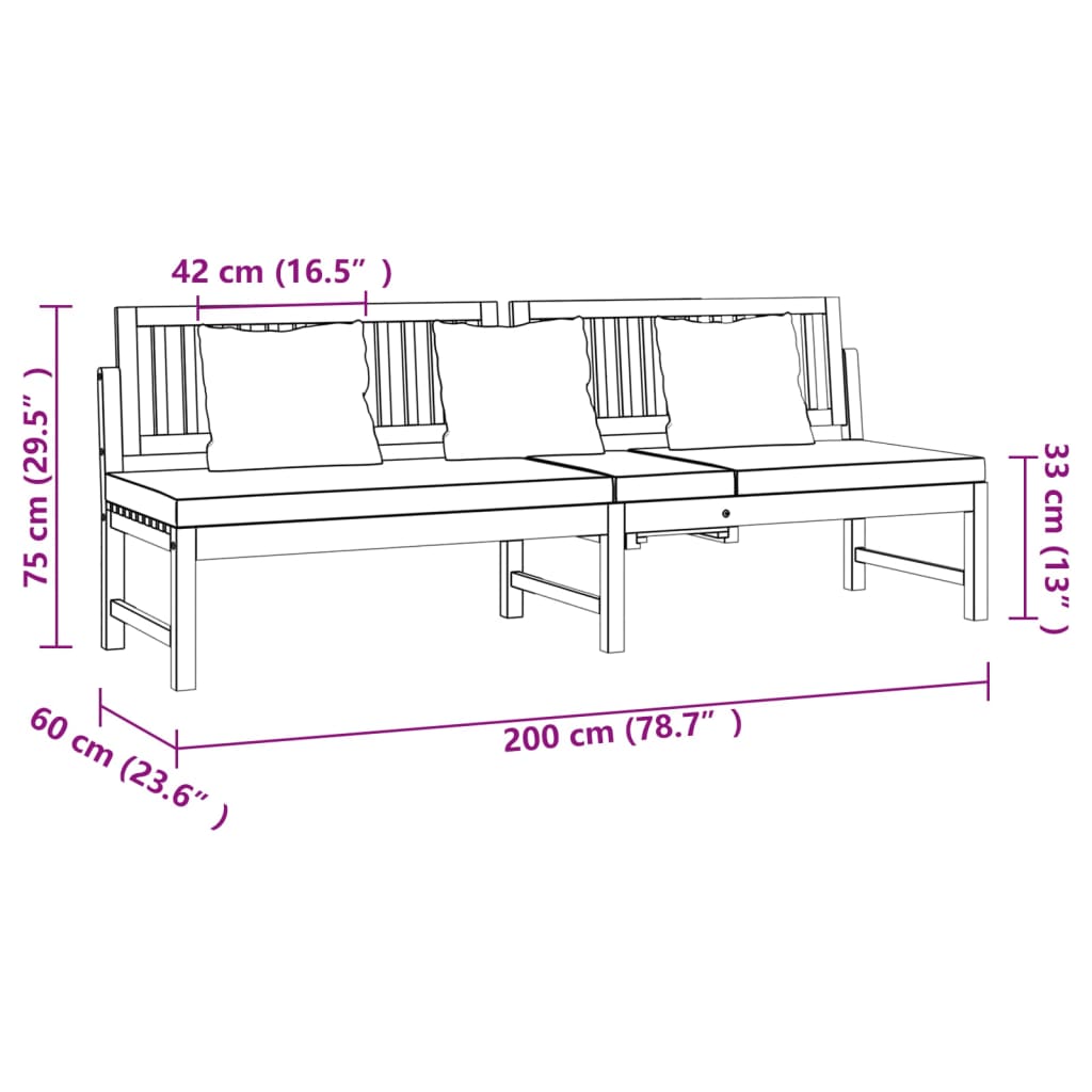 Tömör akácfa kanapé krémszínű párnákkal 200 x 60 x 75 cm Tömör akácfa kanapé krémszínű párnákkal 200 x 60 x 75 cm