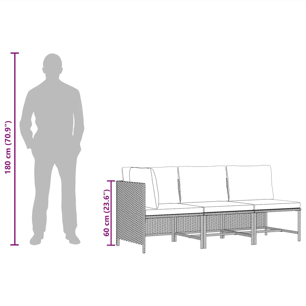 3 részes fekete polyrattan kerti ülőgarnitúra párnával