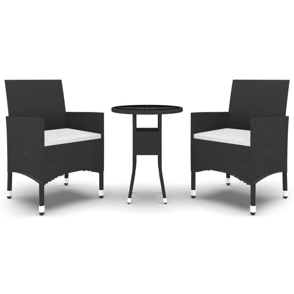 3 részes fekete polyrattan kerti étkezőgarnitúra párnákkal