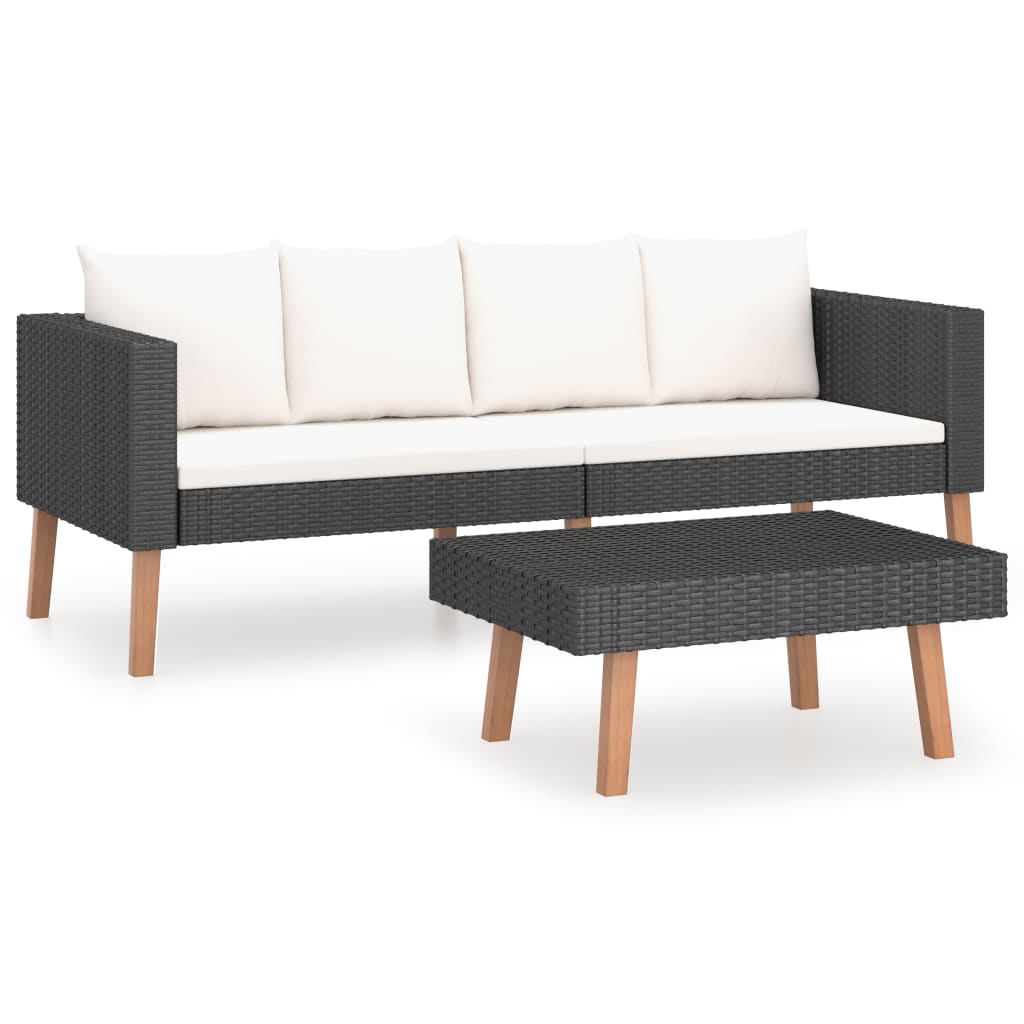 2 részes fekete polyrattan kerti ülőgarnitúra párnákkal