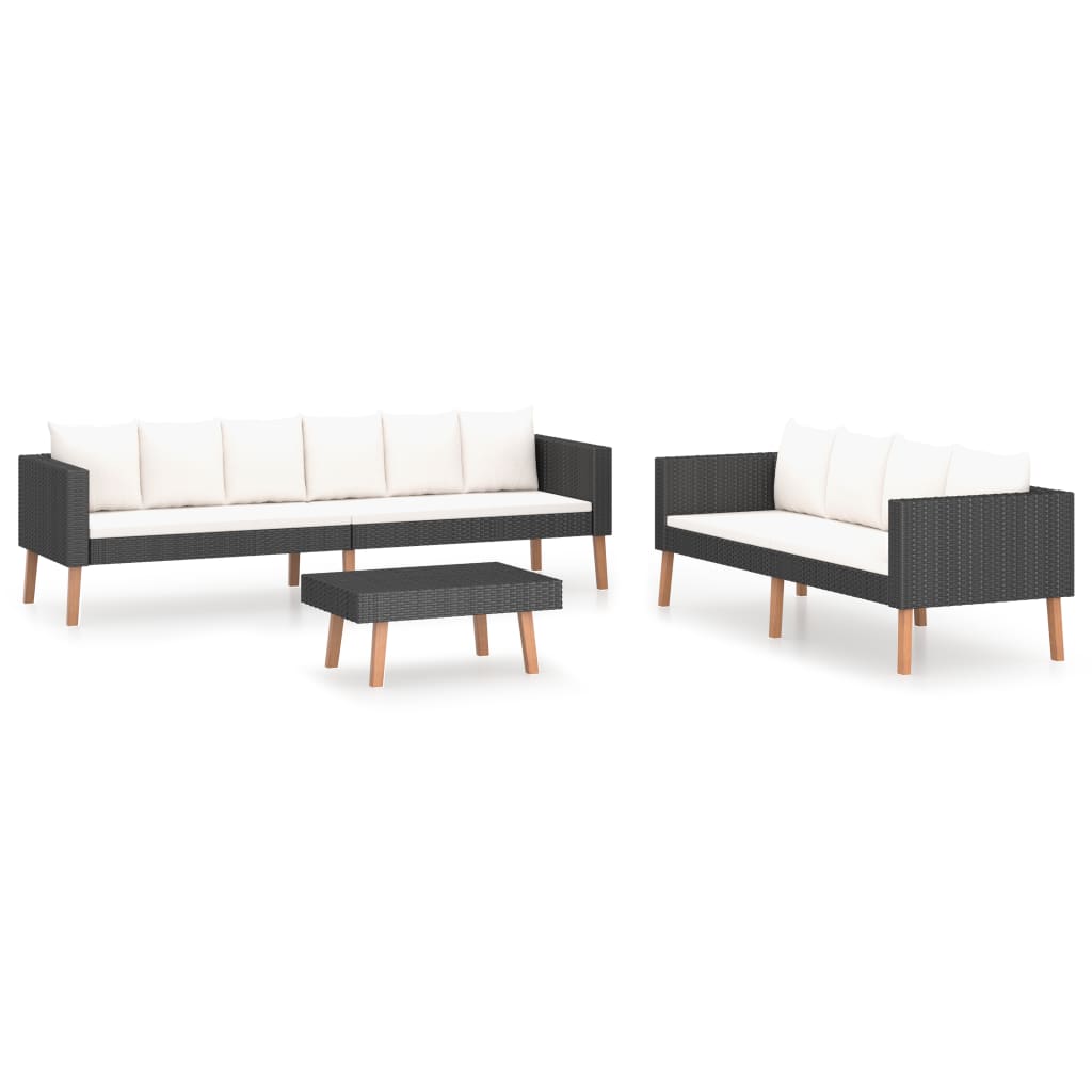 3 részes fekete polyrattan kerti ülőgarnitúra párnákkal