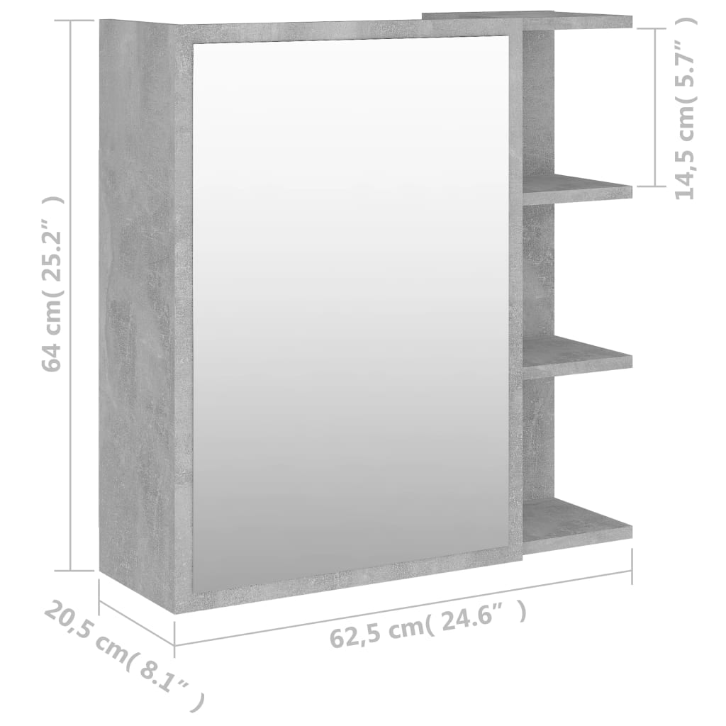 Betonszürke forgácslap tükrös fürdőszobaszekrény 62,5x20,5x64cm