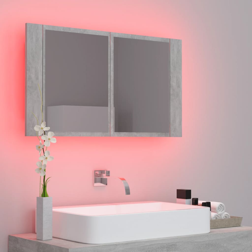 Betonszürke led-es tükrös fürdőszobaszekrény 80 x 12 x 45 cm