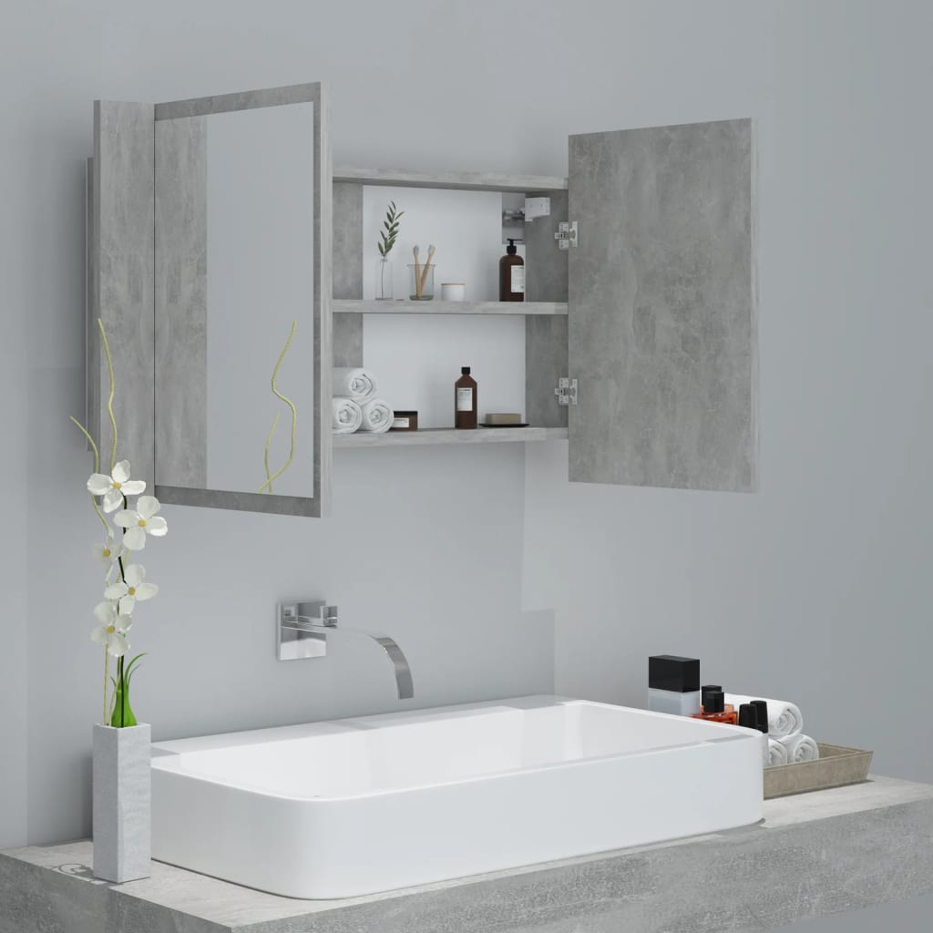 Betonszürke led-es tükrös fürdőszobaszekrény 80 x 12 x 45 cm