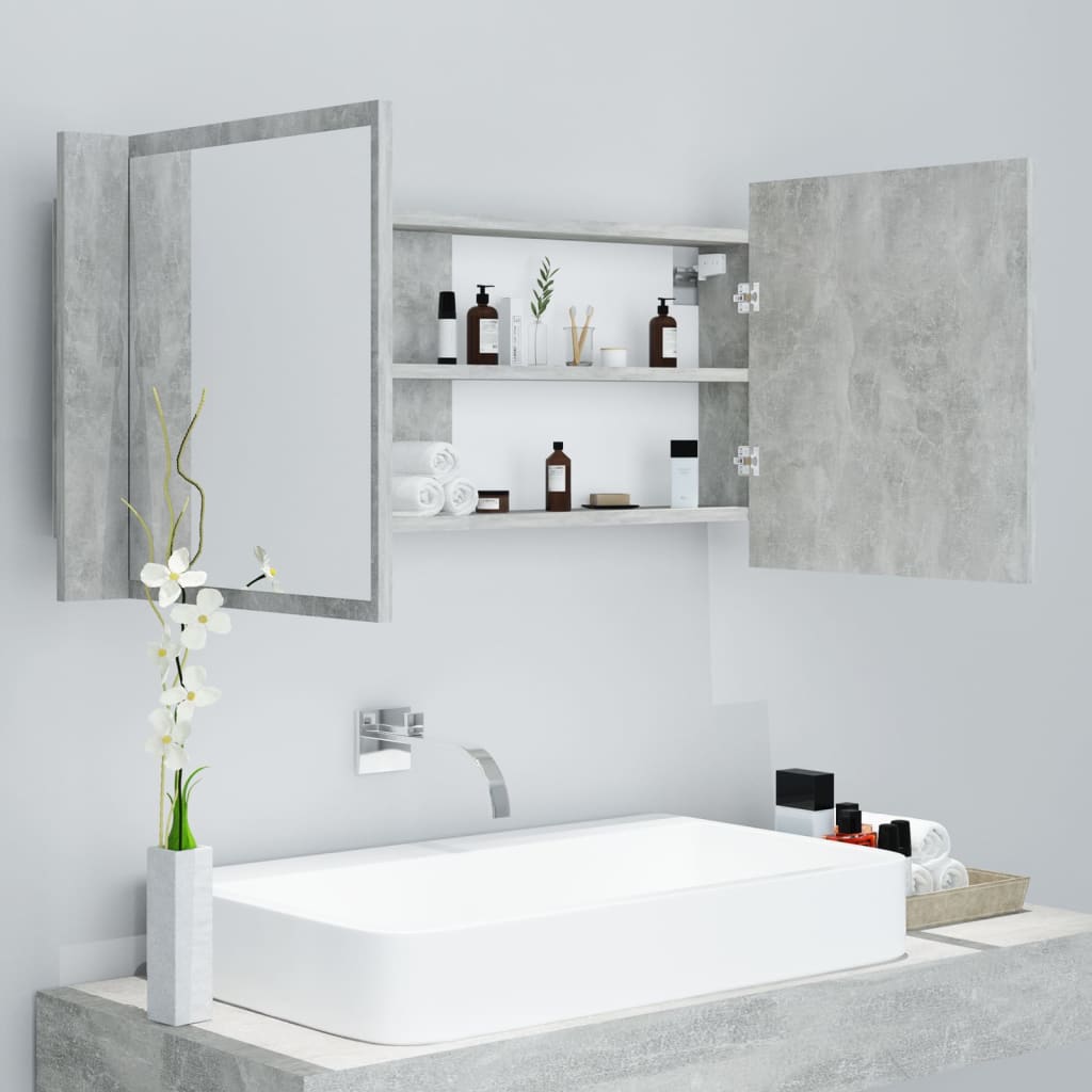 Betonszürke led-es tükrös fürdőszobaszekrény 100 x 12 x 45 cm