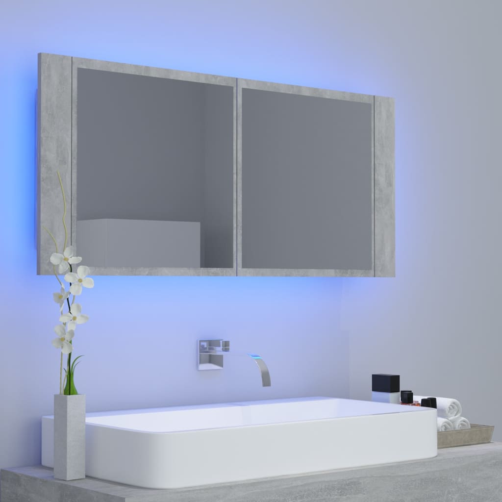 Betonszürke led-es tükrös fürdőszobaszekrény 100 x 12 x 45 cm