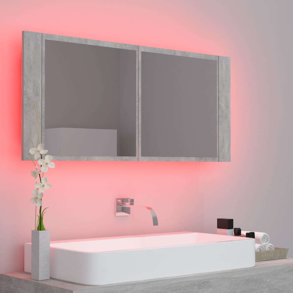 Betonszürke led-es tükrös fürdőszobaszekrény 100 x 12 x 45 cm