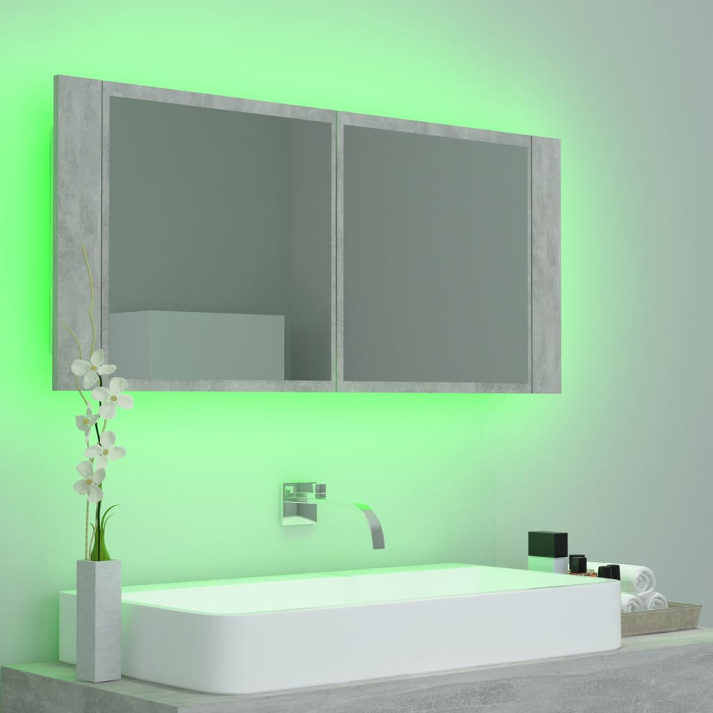 Betonszürke led-es tükrös fürdőszobaszekrény 100 x 12 x 45 cm