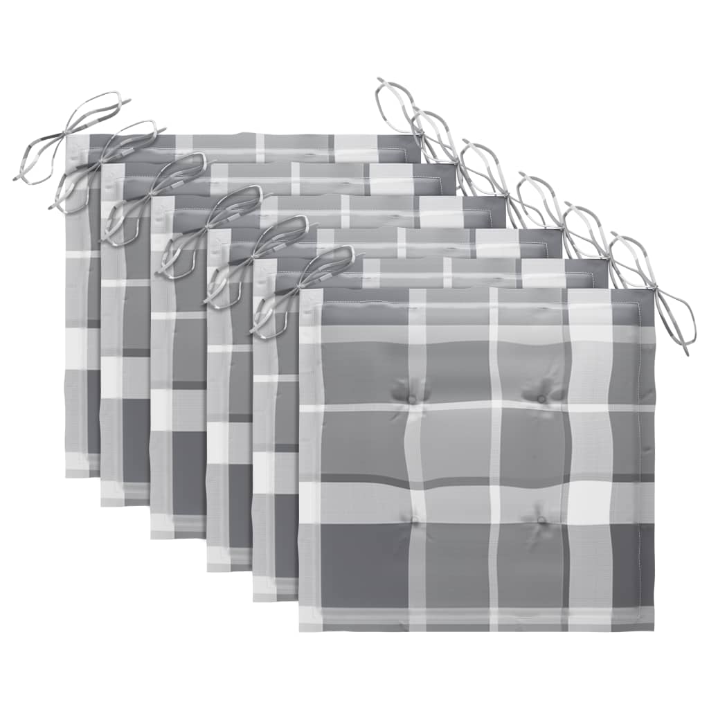 6 db tömör tíkfa kerti szék szürke kockás párnával