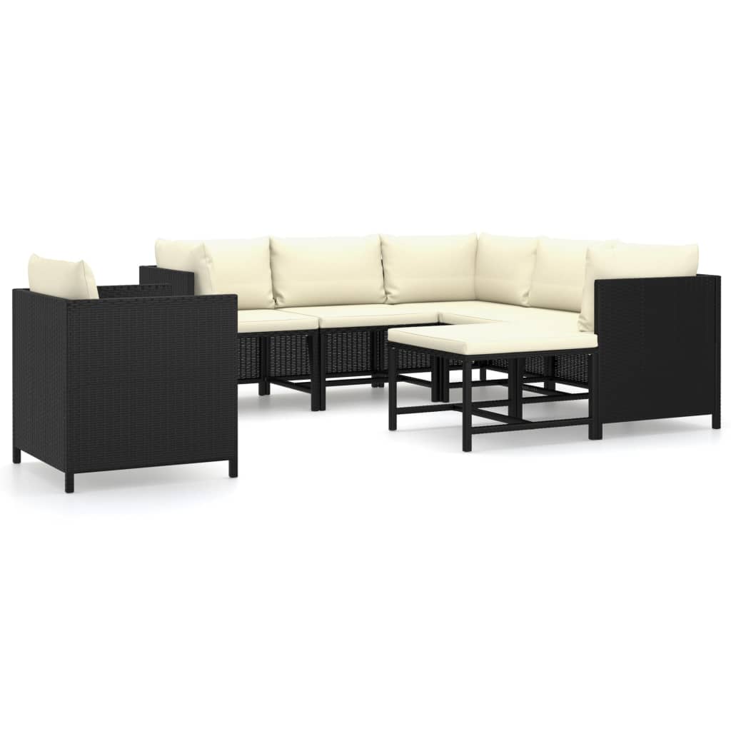 7 részes fekete polyrattan kerti bútorszett párnákkal