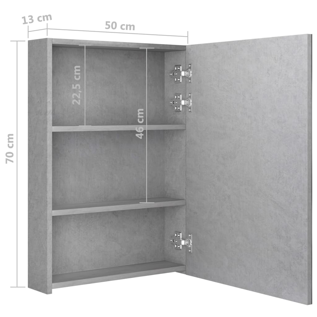 Betonszürke led-es tükrös fürdőszobaszekrény 50 x 13 x 70 cm