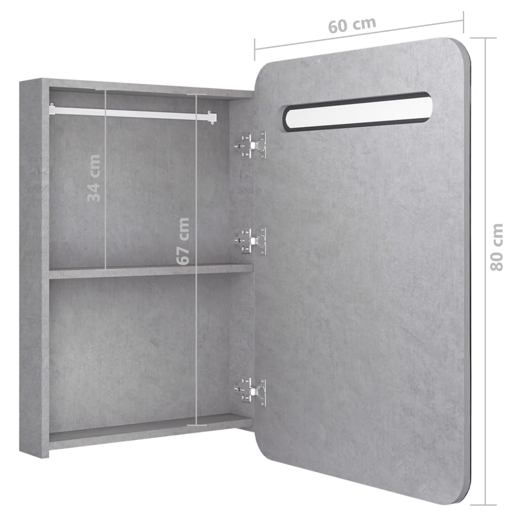 Betonszürke led-es tükrös fürdőszobaszekrény 60 x 11 x 80 cm