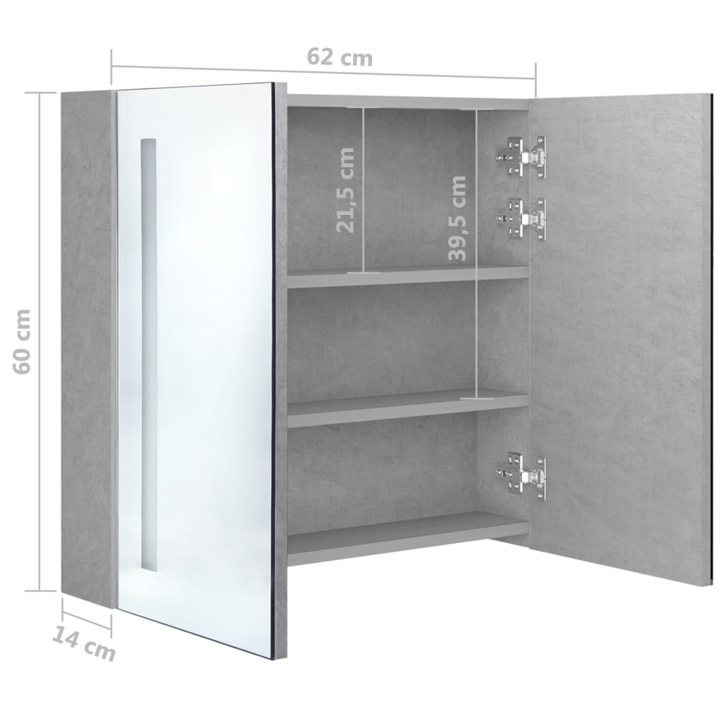 Betonszürke led-es tükrös fürdőszobaszekrény 62 x 14 x 60 cm