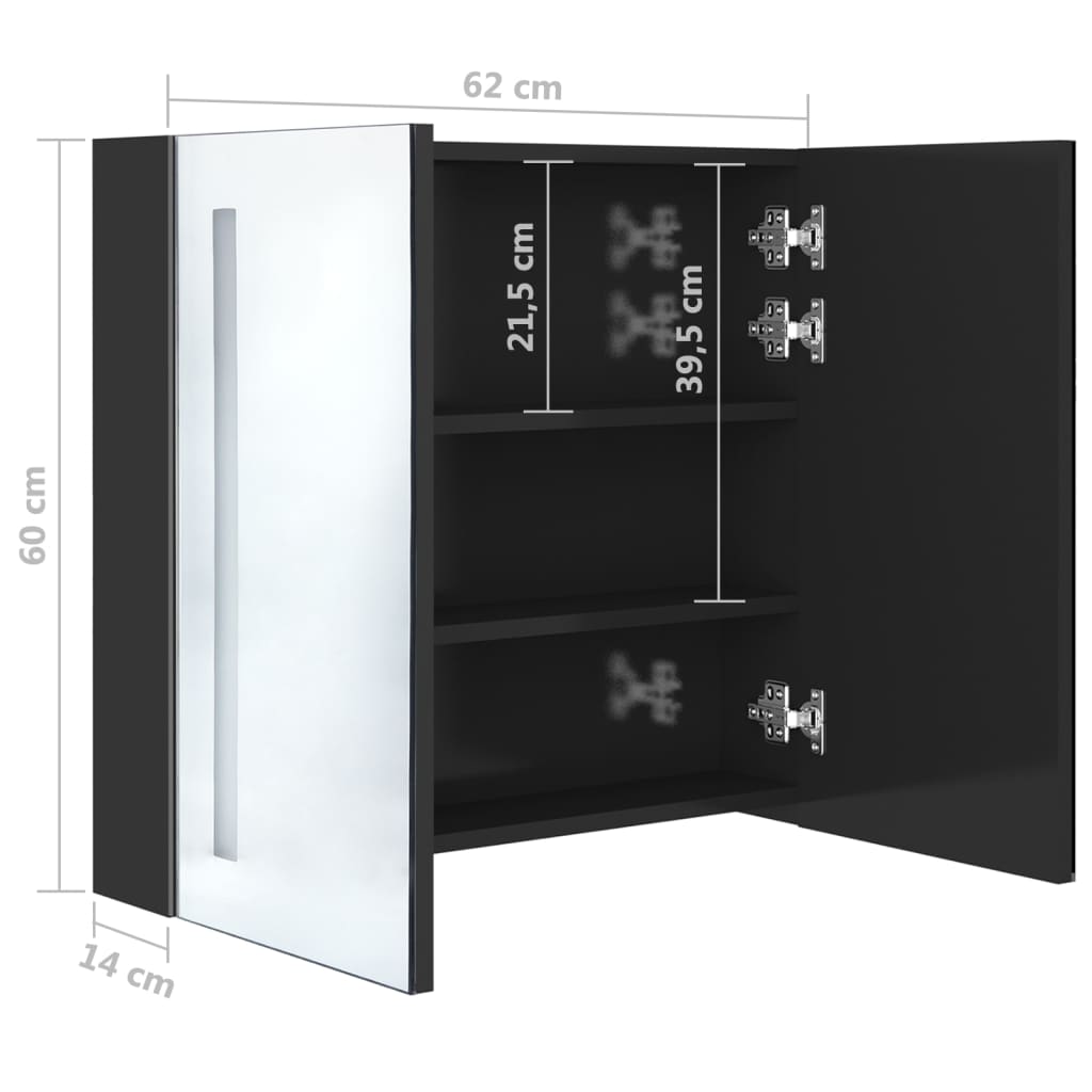 Fényes fekete led-es tükrös fürdőszobaszekrény 62 x 14 x 60 cm